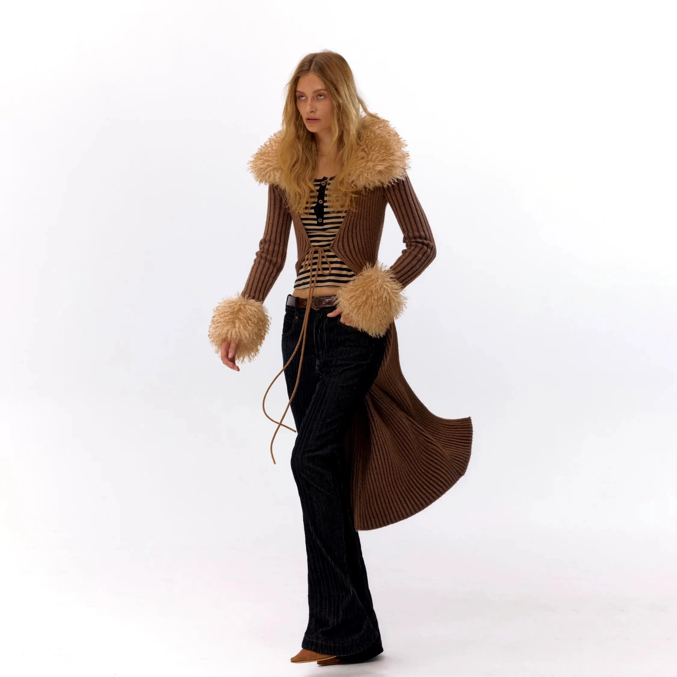 Ribbed Fur Collar Cardigan