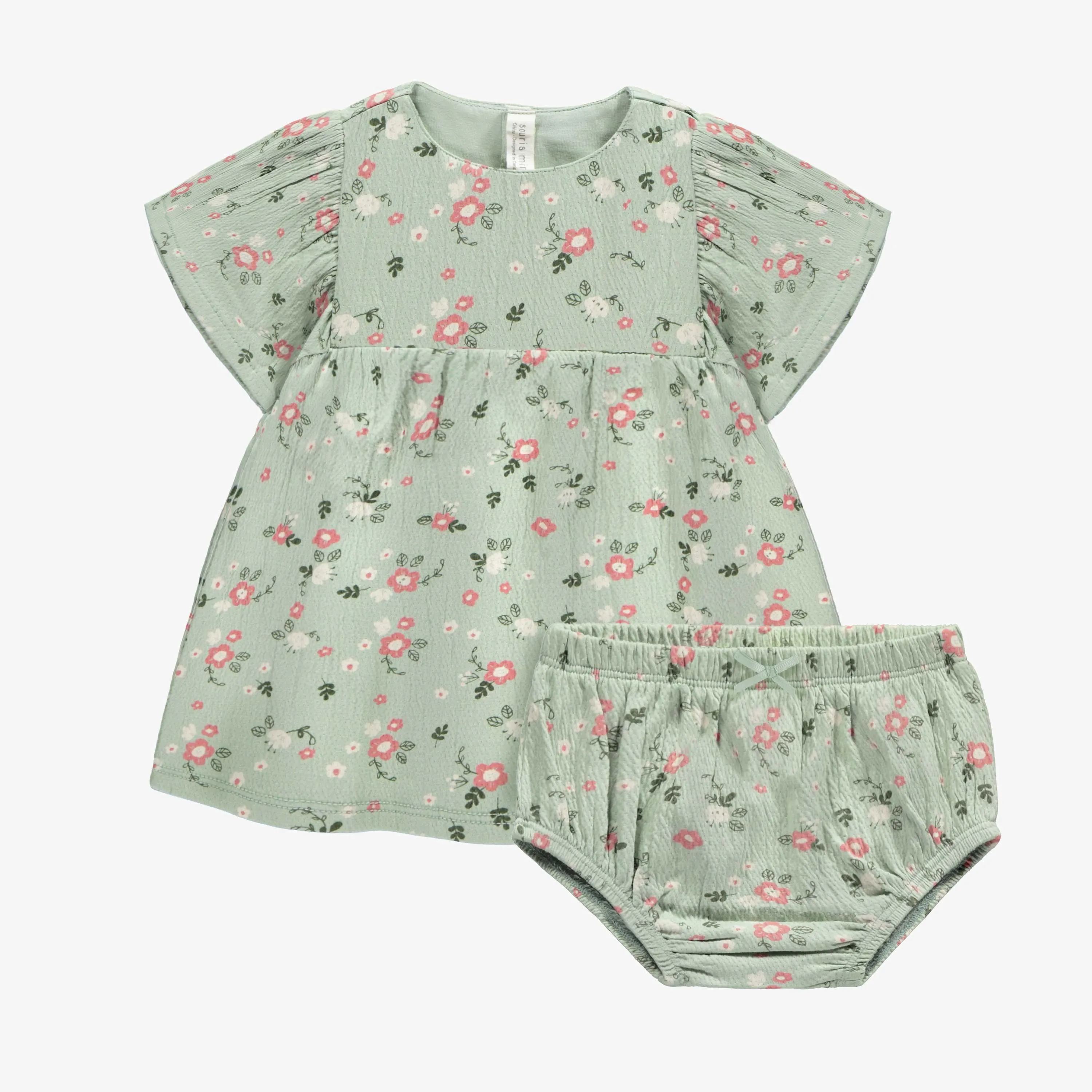 Robe manches courtes et bloomer vert clair fleuri en jersey biologique, naissance || Light green flowery short sleeves dress and bloomer in organic jersey, newborn