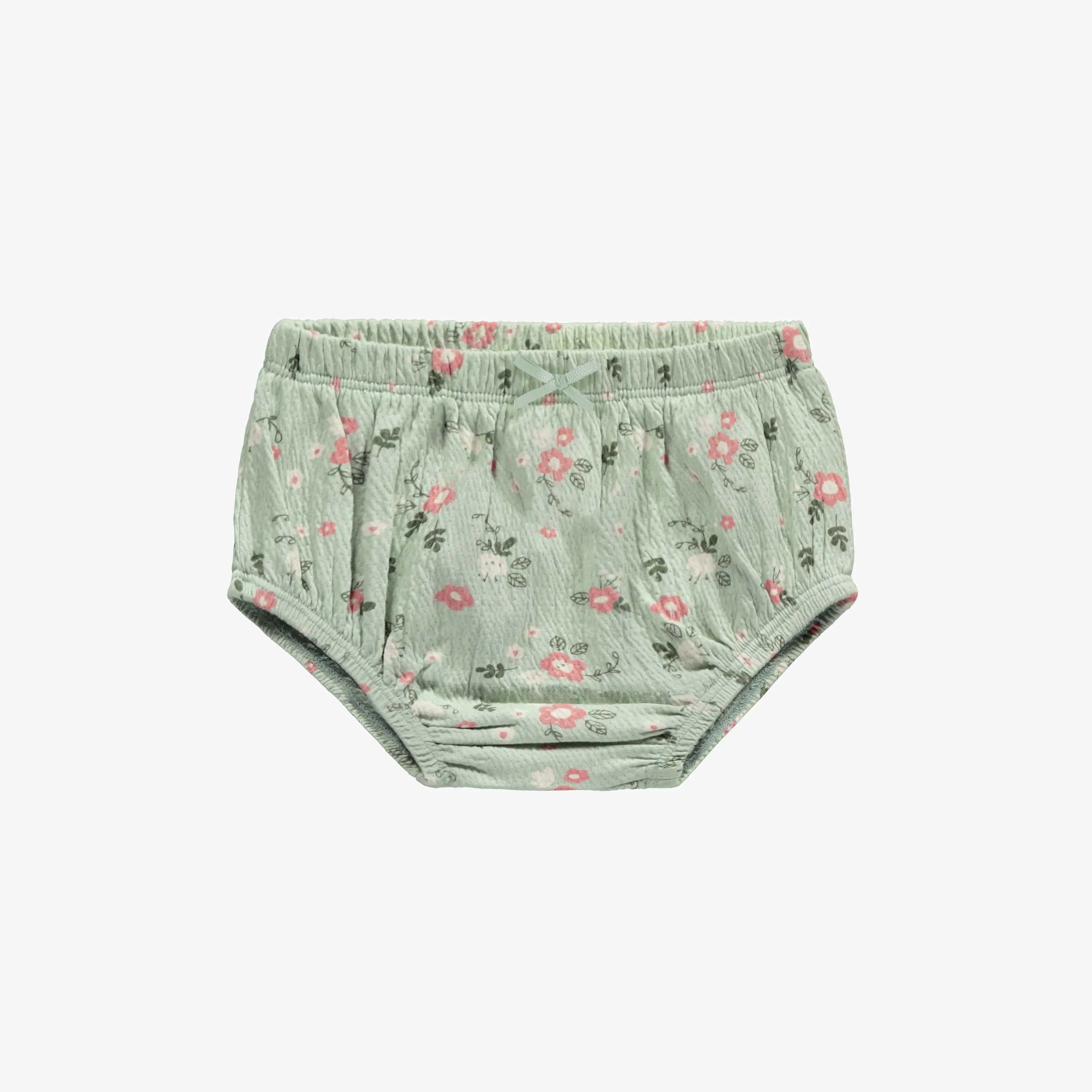 Robe manches courtes et bloomer vert clair fleuri en jersey biologique, naissance || Light green flowery short sleeves dress and bloomer in organic jersey, newborn