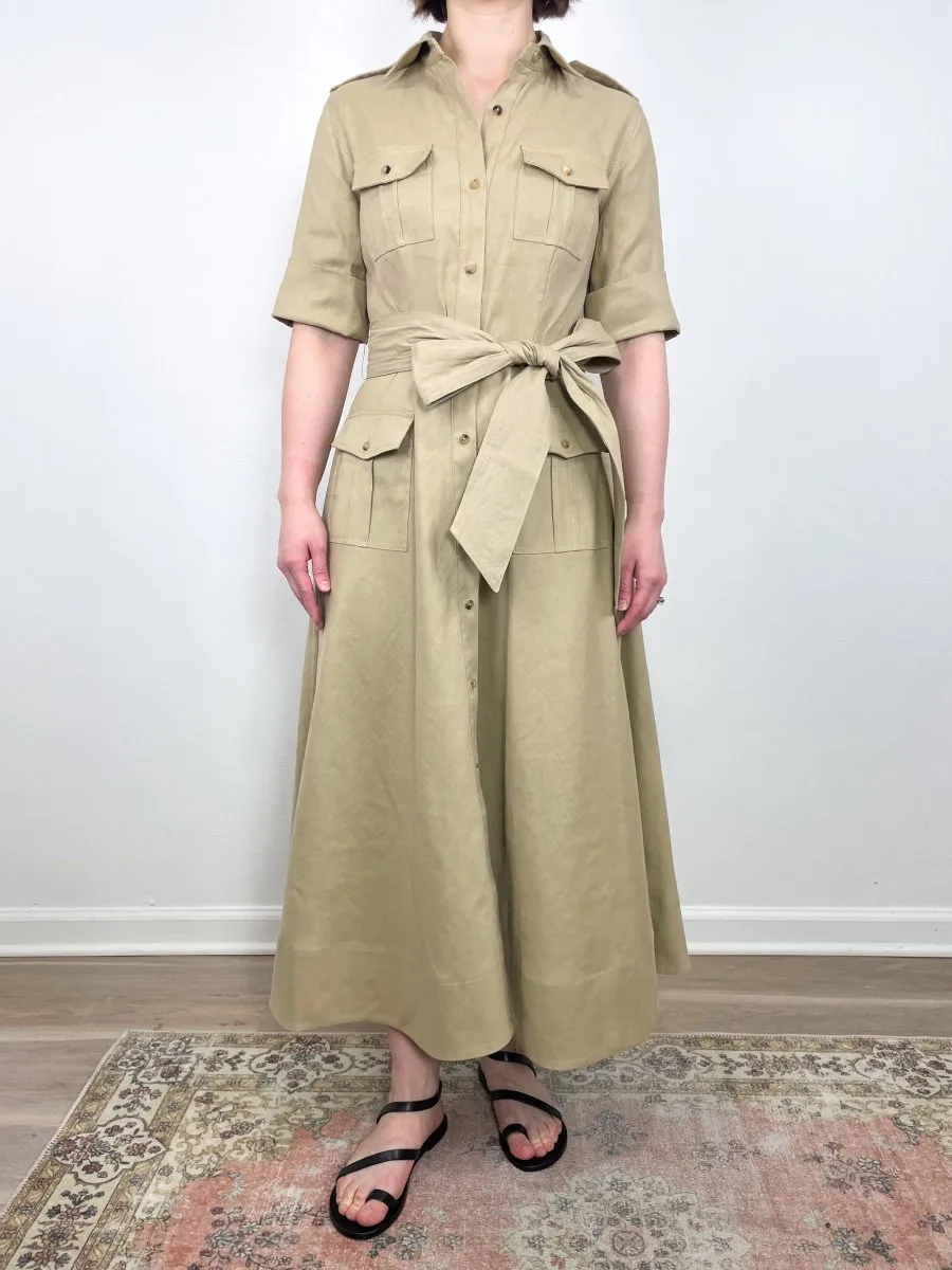 Safari Shirtwaist Dress in Khaki Stretch Cotolino