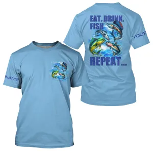 Saltwater offshore Fishing Custom Performance Fishing T-shirts Eat Drink Fish Repeat | Blue NQS5918