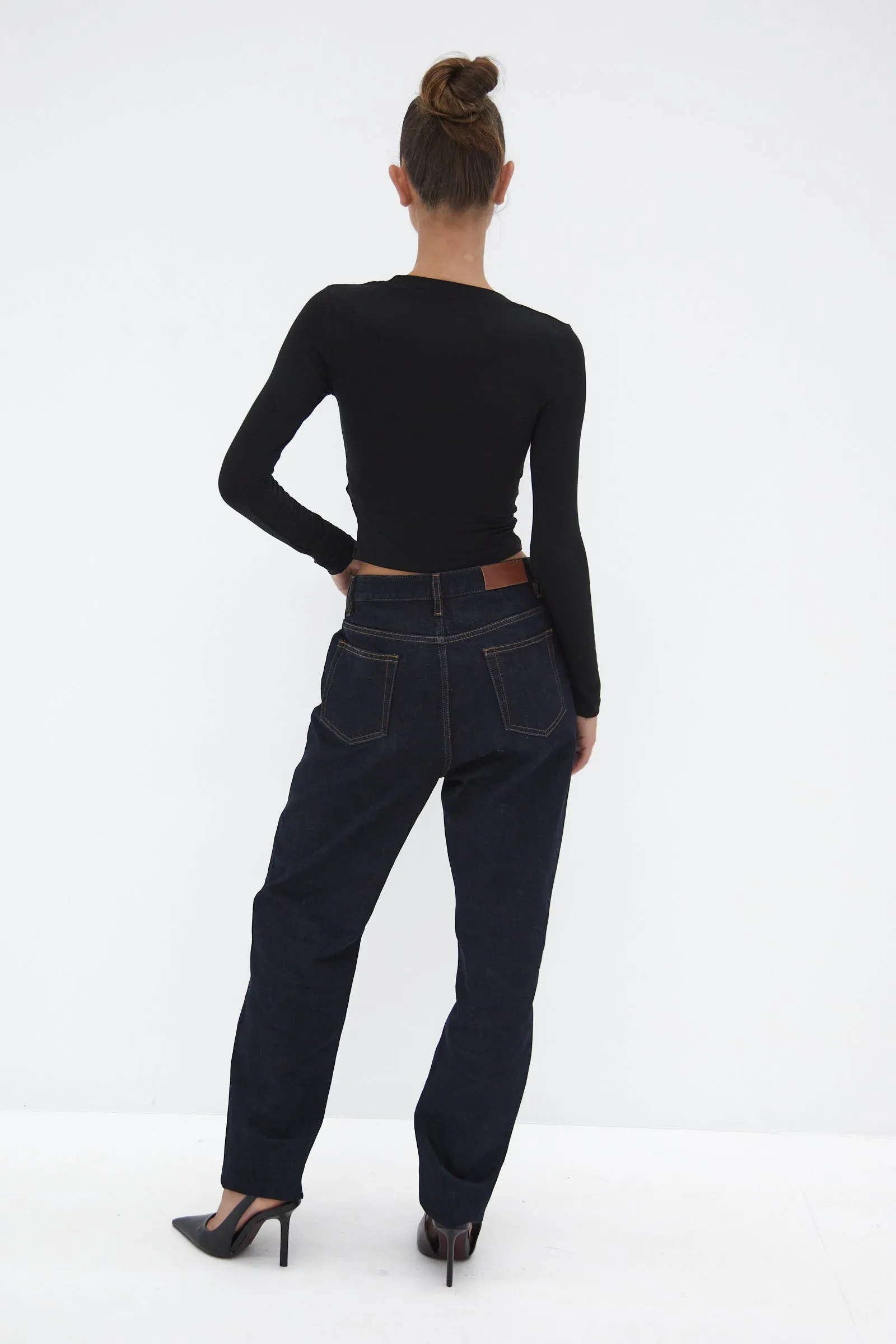 Semi Sheer Long Sleeve Crop Top - Black