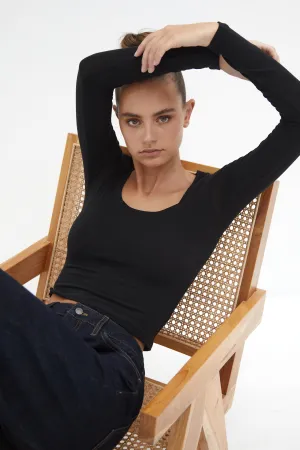 Semi Sheer Long Sleeve Crop Top - Black