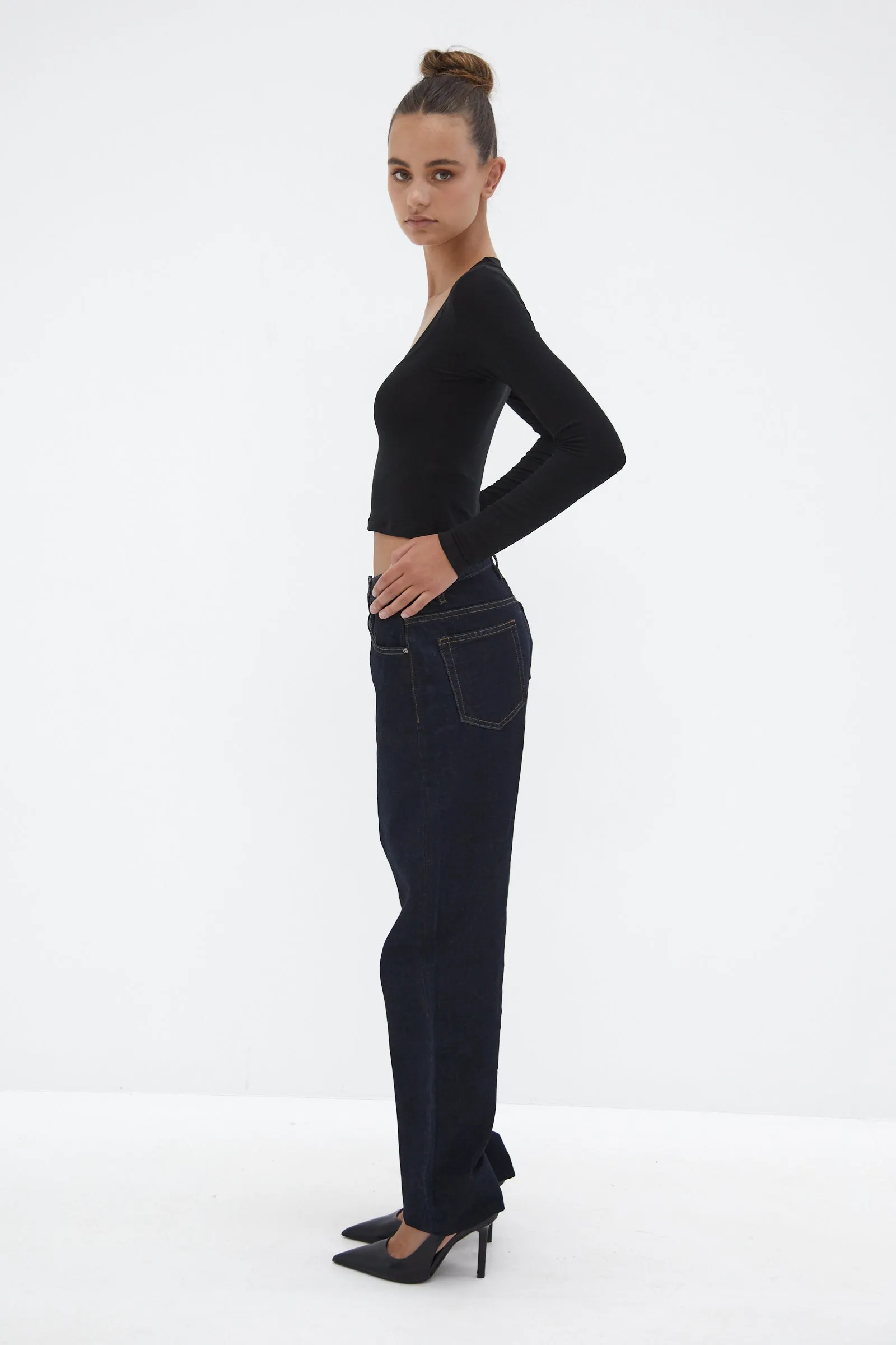 Semi Sheer Long Sleeve Crop Top - Black