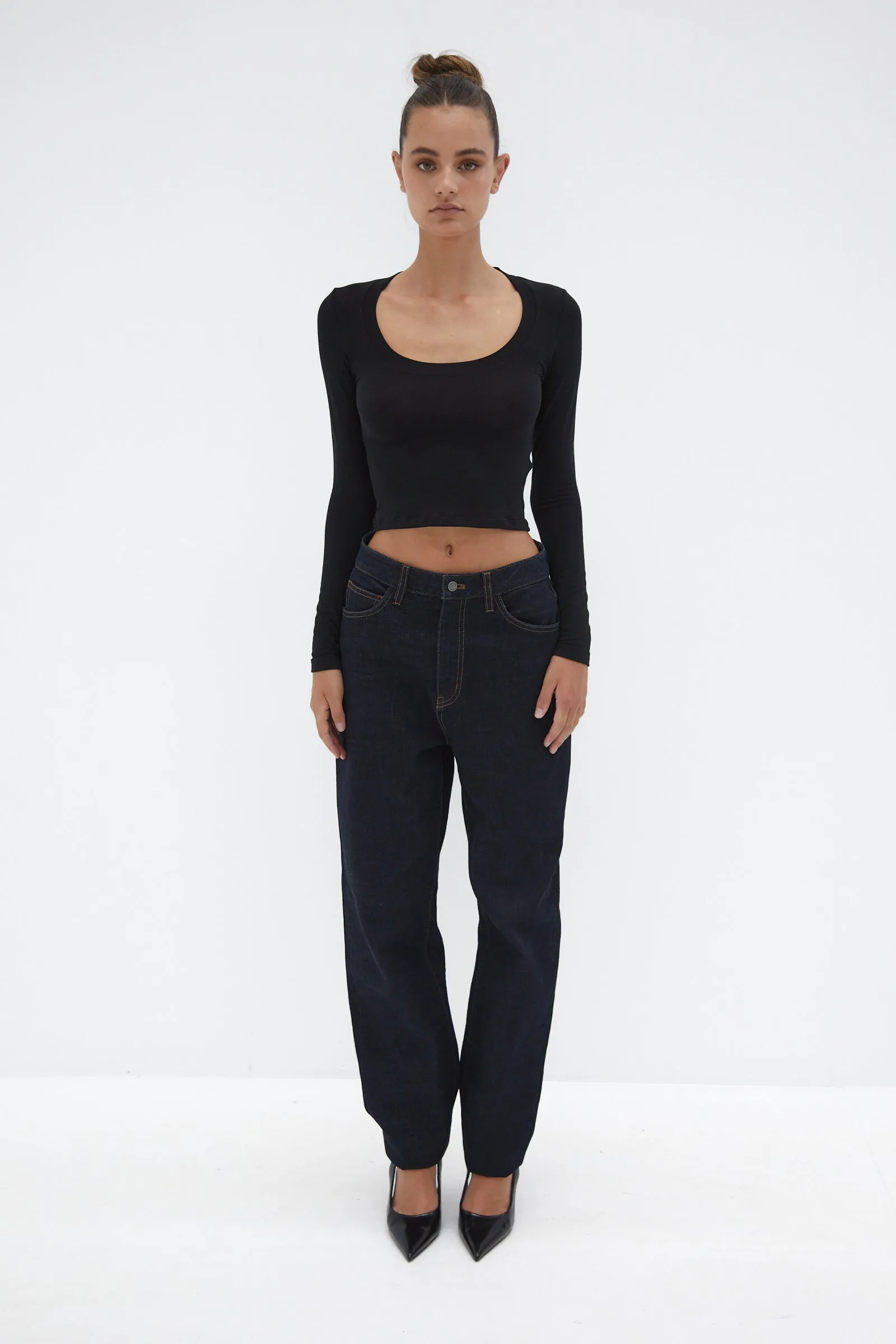Semi Sheer Long Sleeve Crop Top - Black