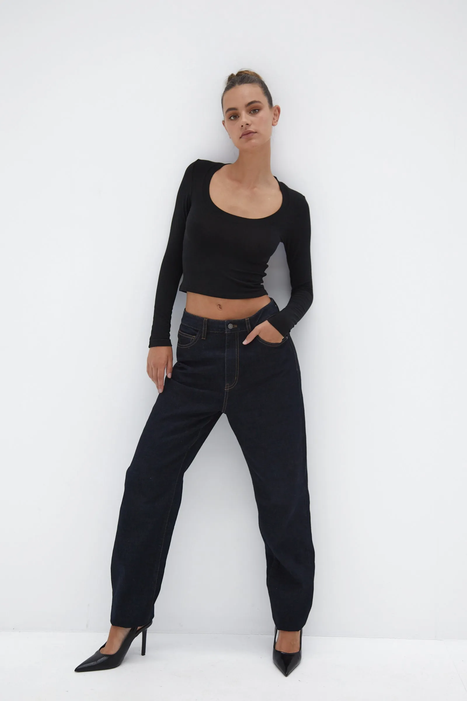 Semi Sheer Long Sleeve Crop Top - Black