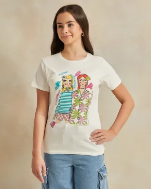Senior Girls White Printed T-Shirt
