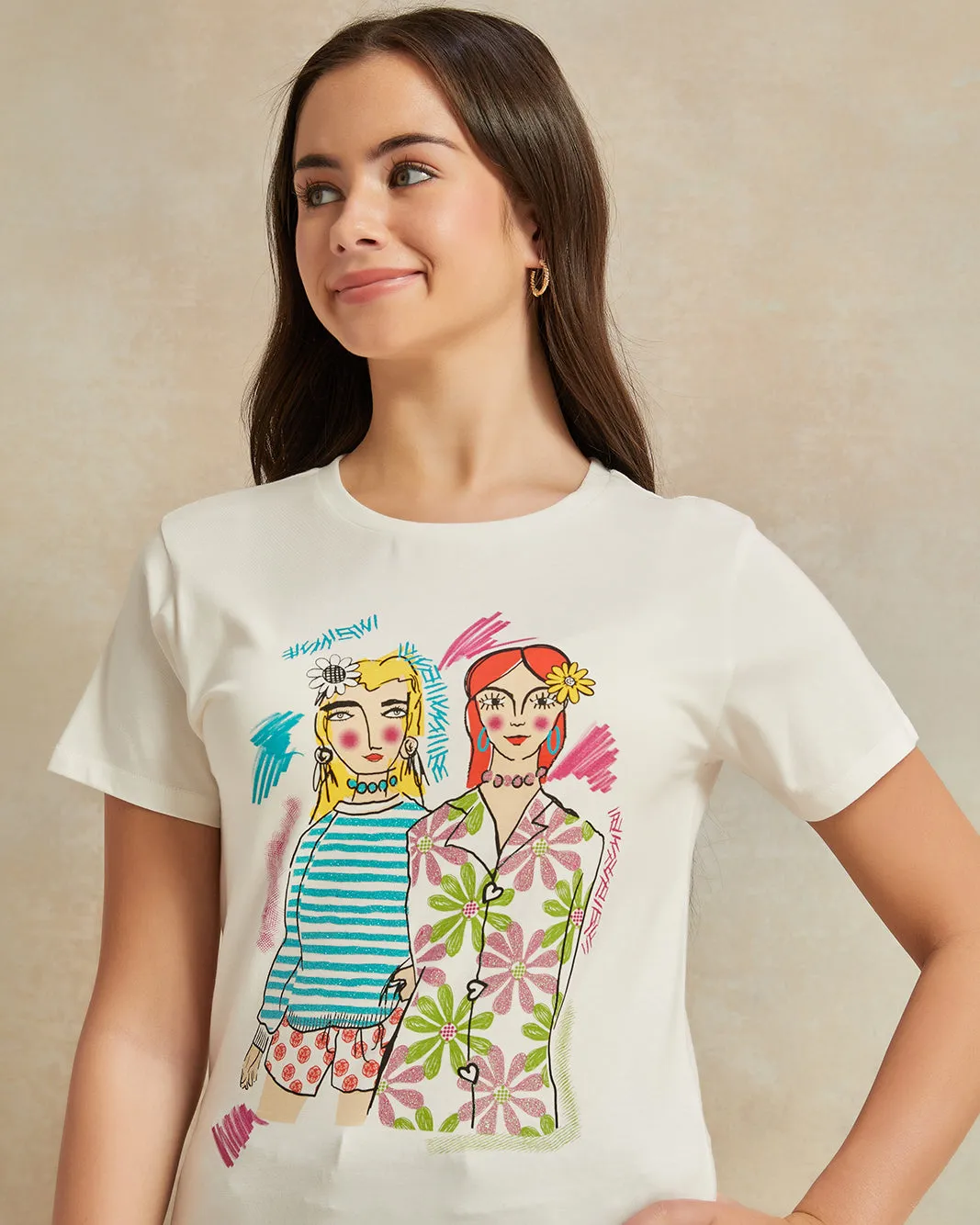 Senior Girls White Printed T-Shirt