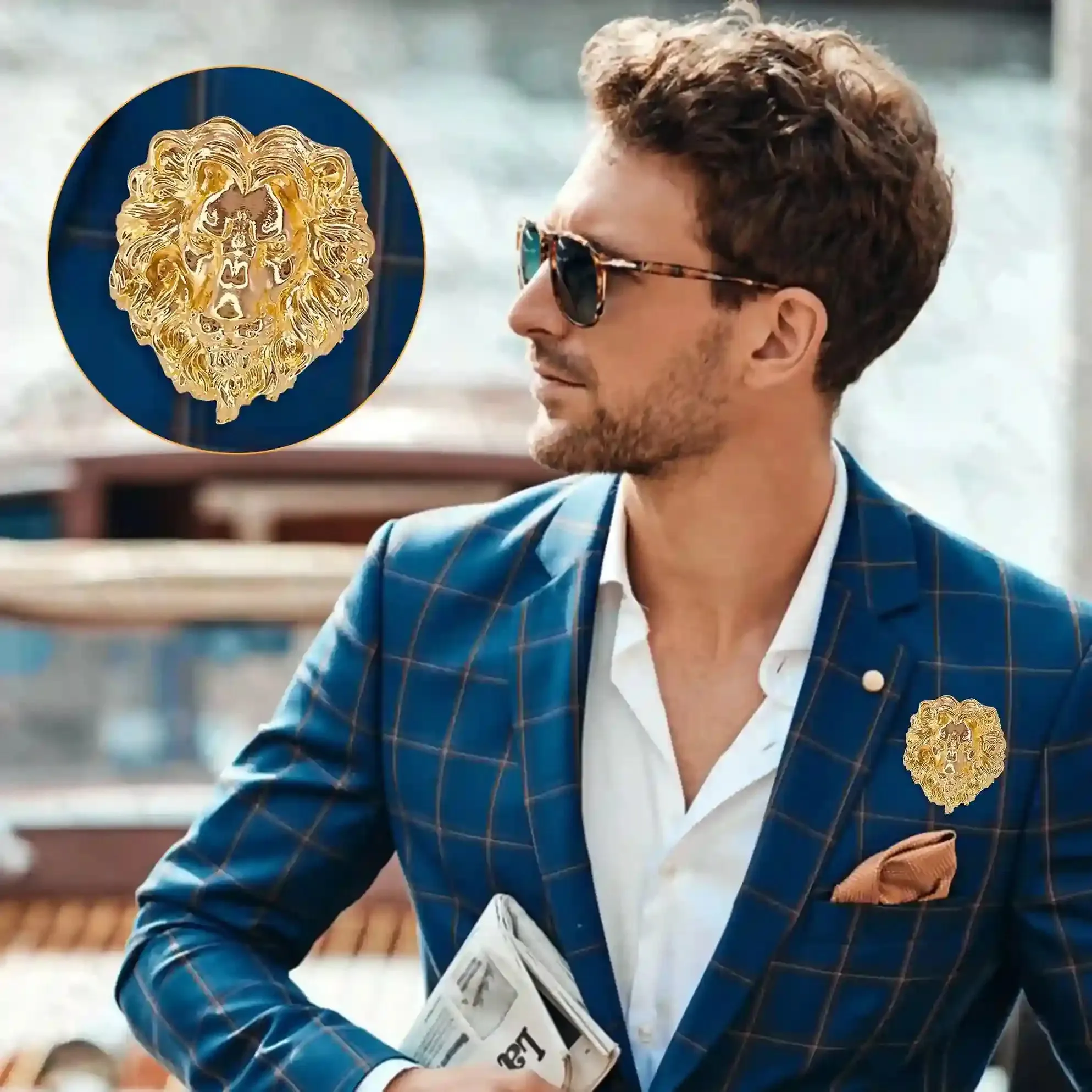 Shiny Gold Lion Metal Brooch for Blazer & Trendy Fashion