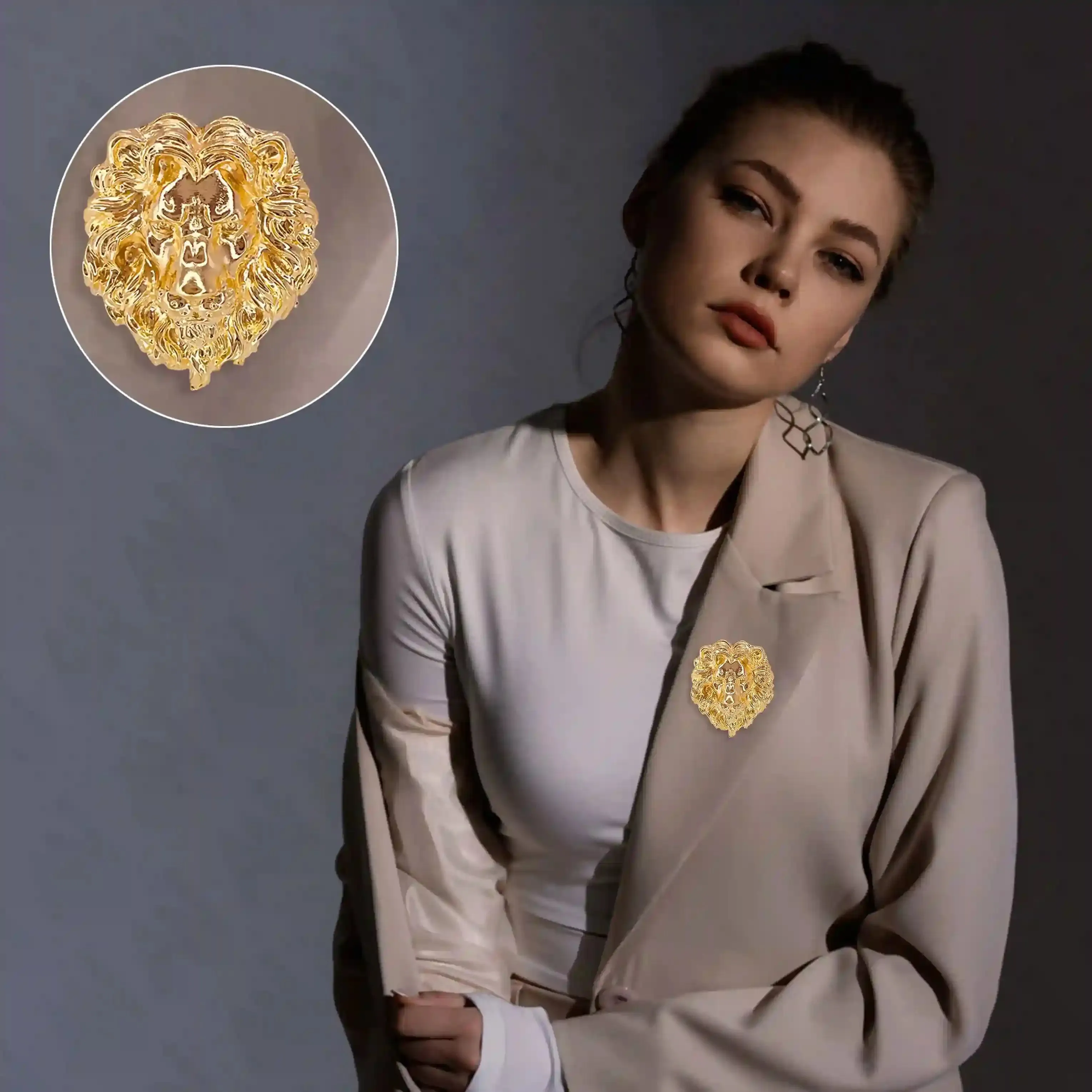 Shiny Gold Lion Metal Brooch for Blazer & Trendy Fashion