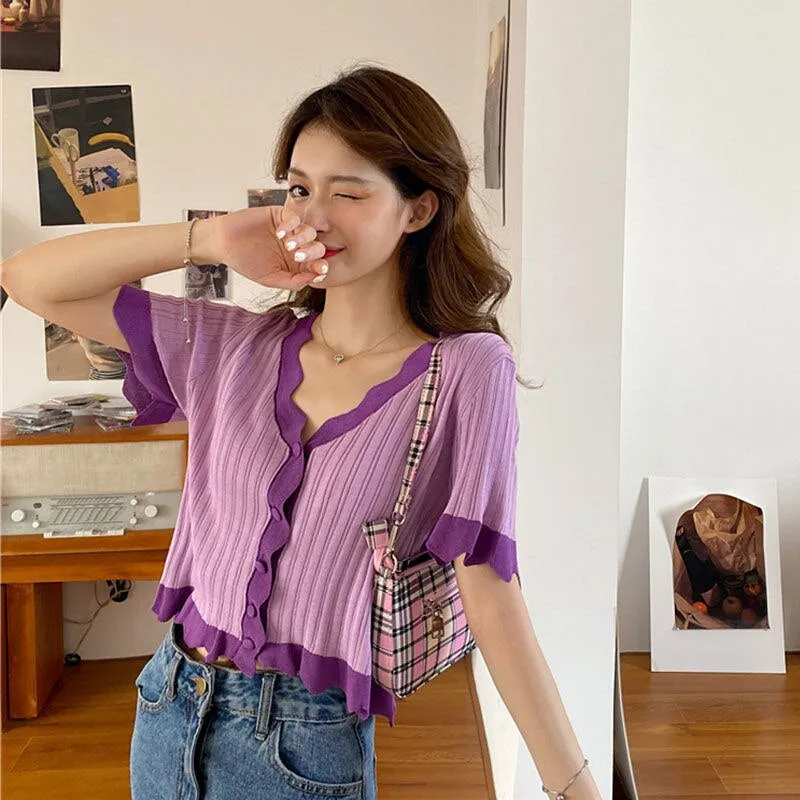 Short Sleeve V-Neck Ruffle Cropped Slim Shirts