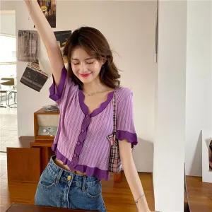 Short Sleeve V-Neck Ruffle Cropped Slim Shirts