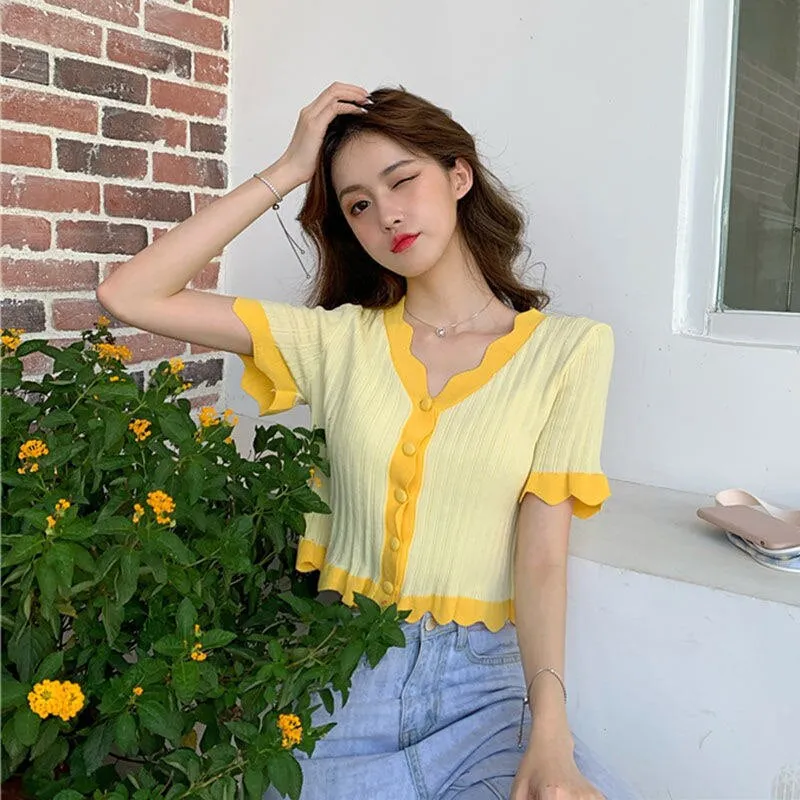 Short Sleeve V-Neck Ruffle Cropped Slim Shirts
