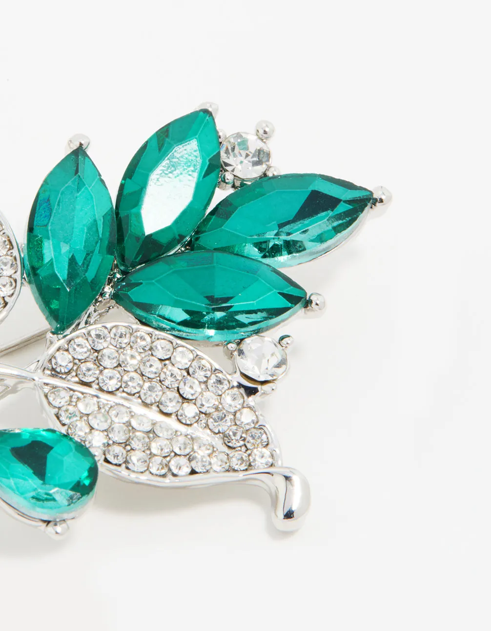 Silver Green Diamante Leaf Brooch