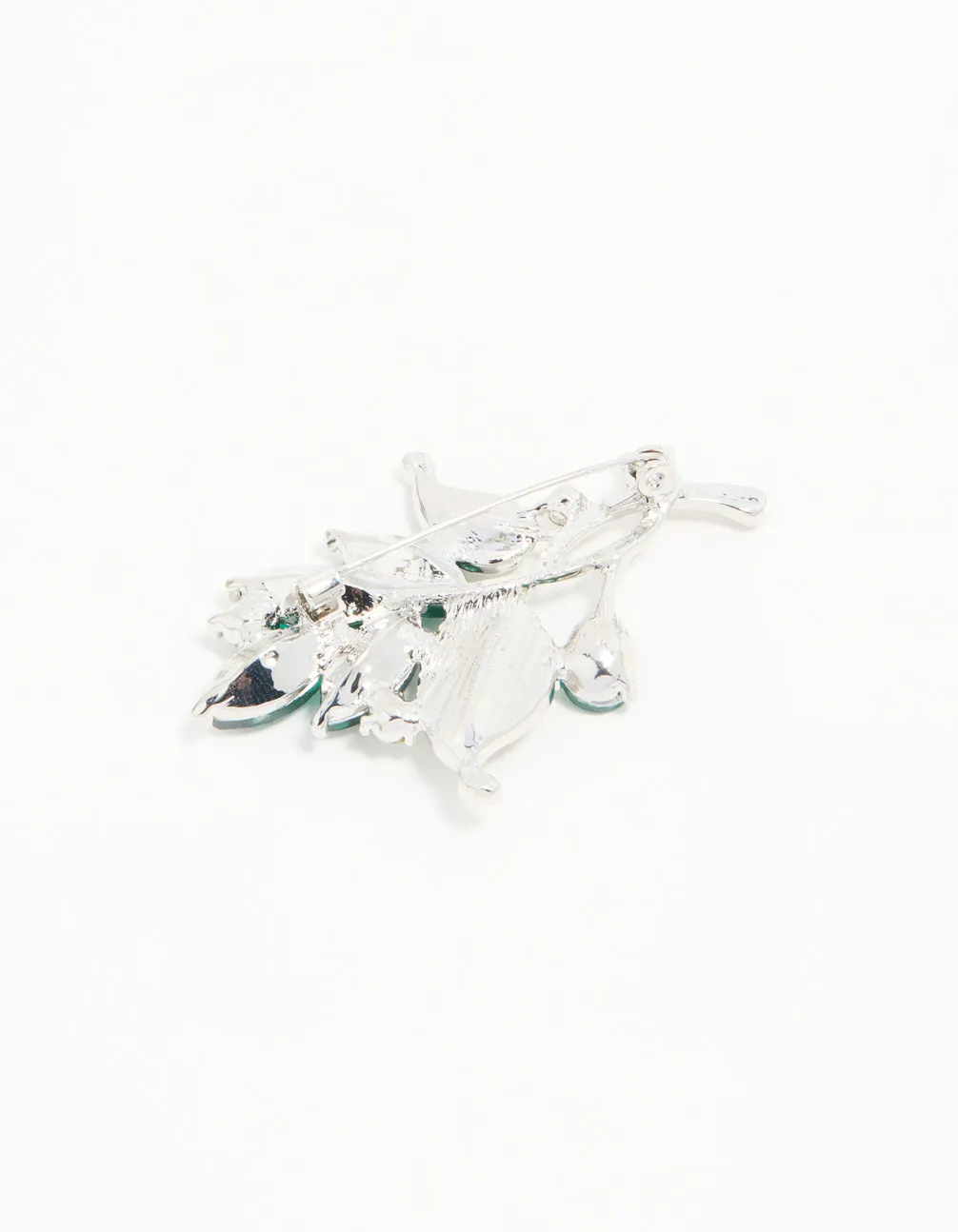 Silver Green Diamante Leaf Brooch