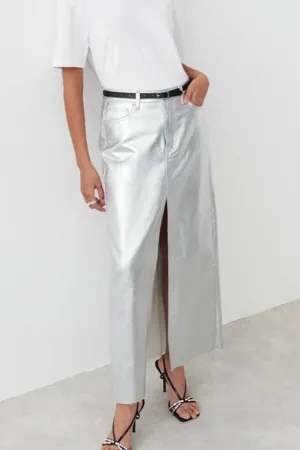 Silver High Waist Pencil Maxi Skirt