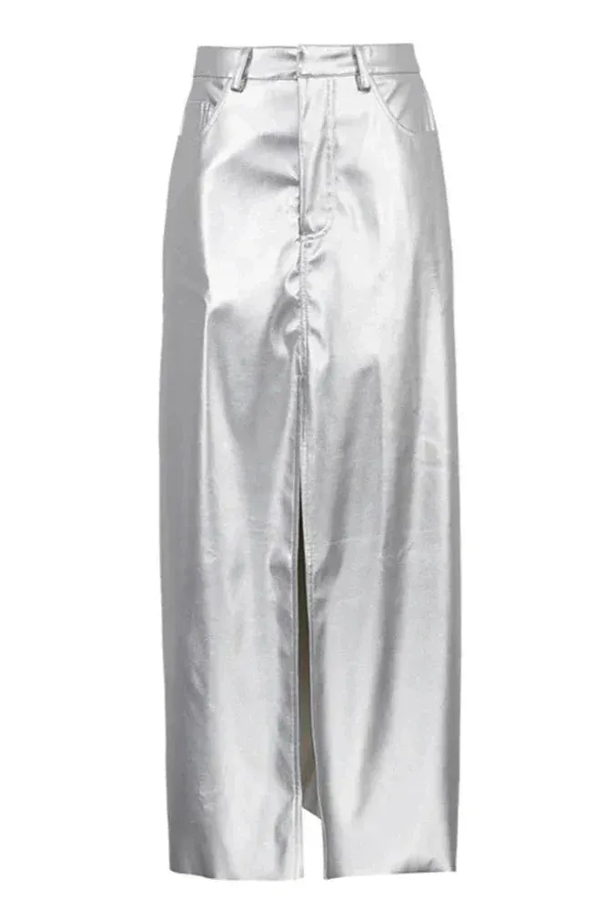 Silver High Waist Pencil Maxi Skirt