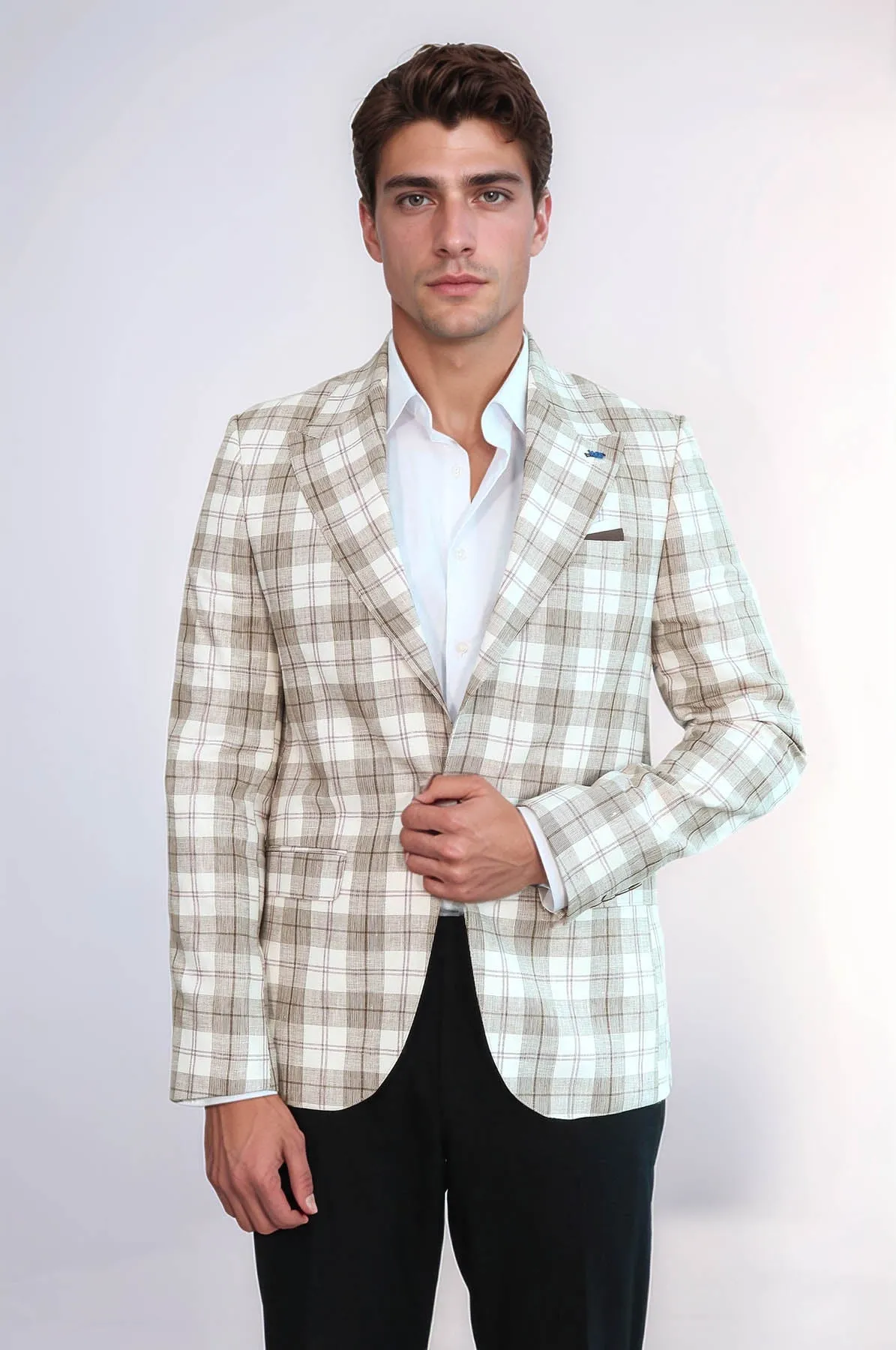 Single Button Wide Pointed Collar Beige Blazer - Wessi
