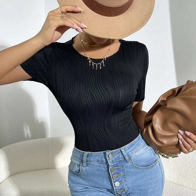 Sleek Round Neck Short-Sleeved Bodysuit with Corrugated Texture for Modern Elegance