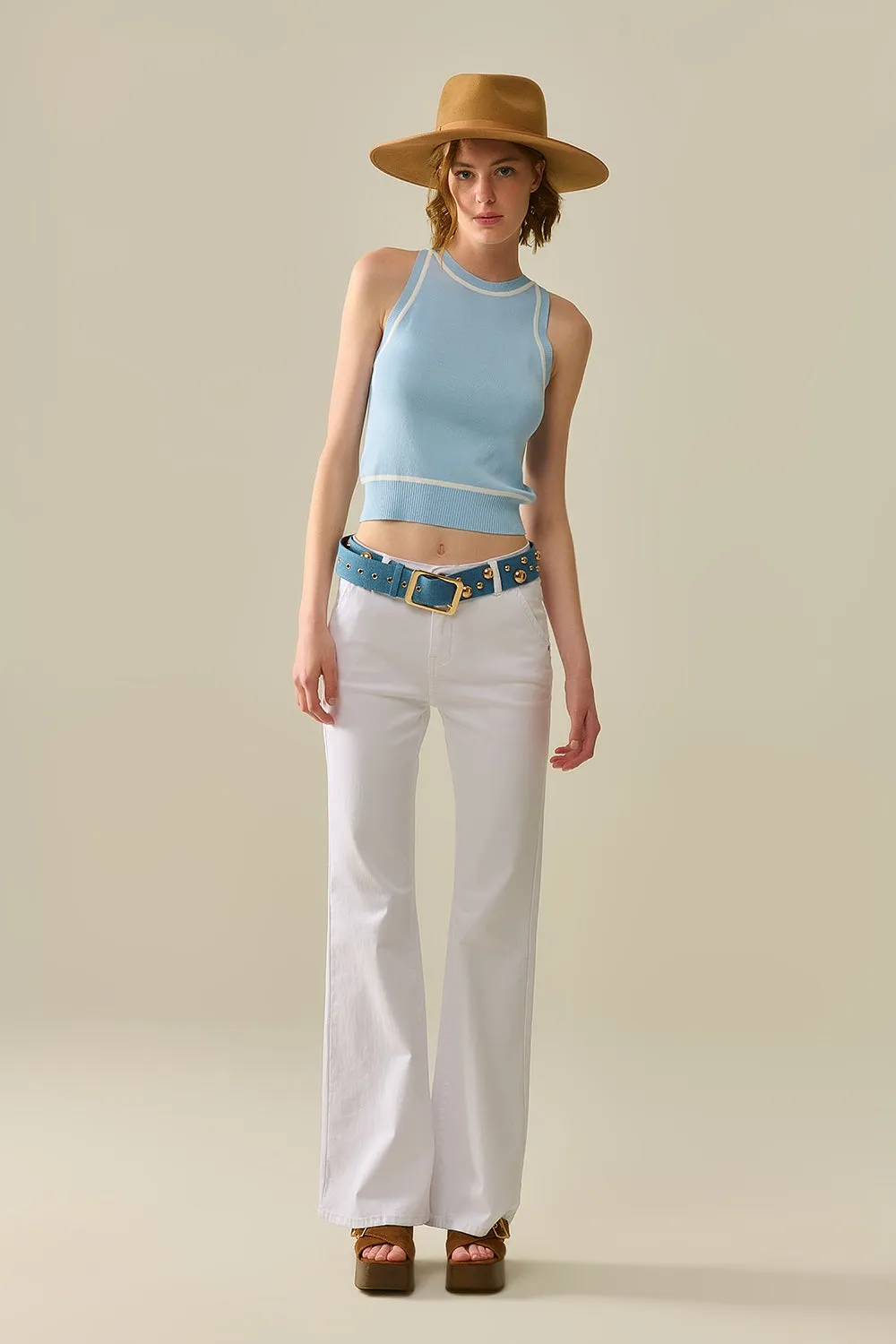 Sleeveless Sweater In Blue Featuring White Lines detail