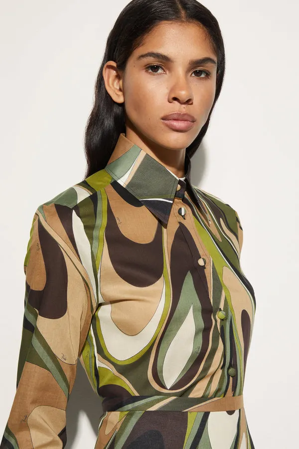 Slim Cotton Shirt with Wave Print