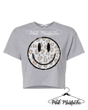 Smiley Face Distressed Leopard Workout Cropped Tee / Crossfit Workout Tank