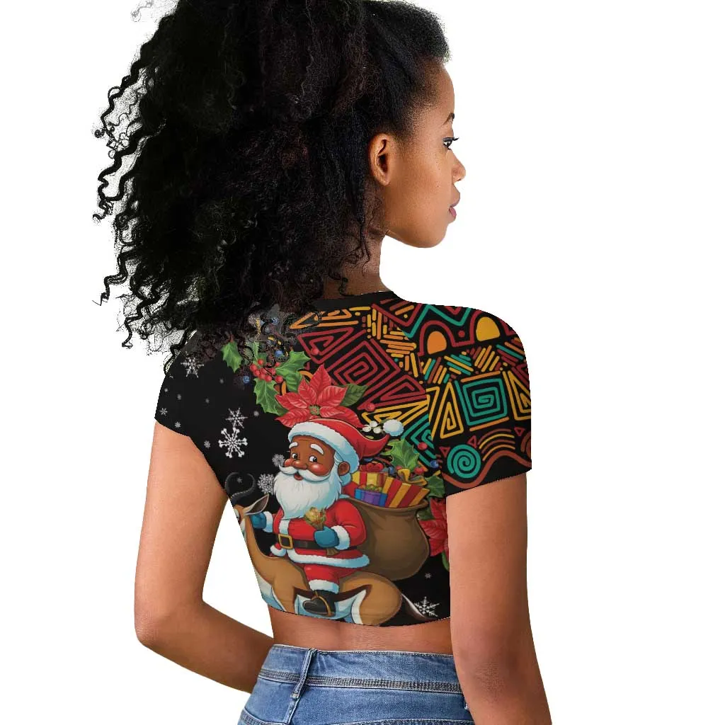 South Africa Gelukkige Kersfees Raglan Cropped T shirt Black Santa Claus Riding Springbok LT01