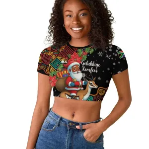 South Africa Gelukkige Kersfees Raglan Cropped T shirt Black Santa Claus Riding Springbok LT01