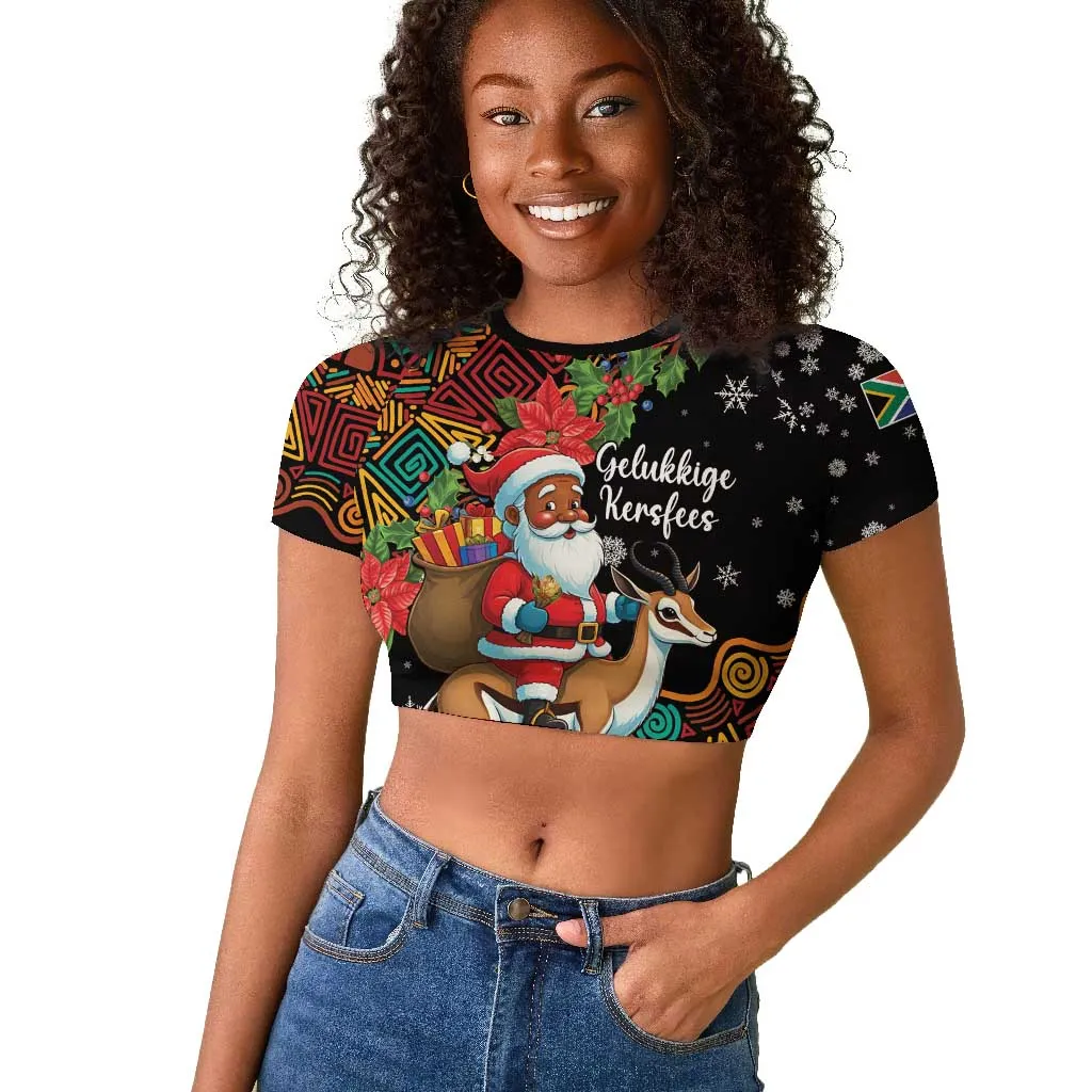 South Africa Gelukkige Kersfees Raglan Cropped T shirt Black Santa Claus Riding Springbok LT01