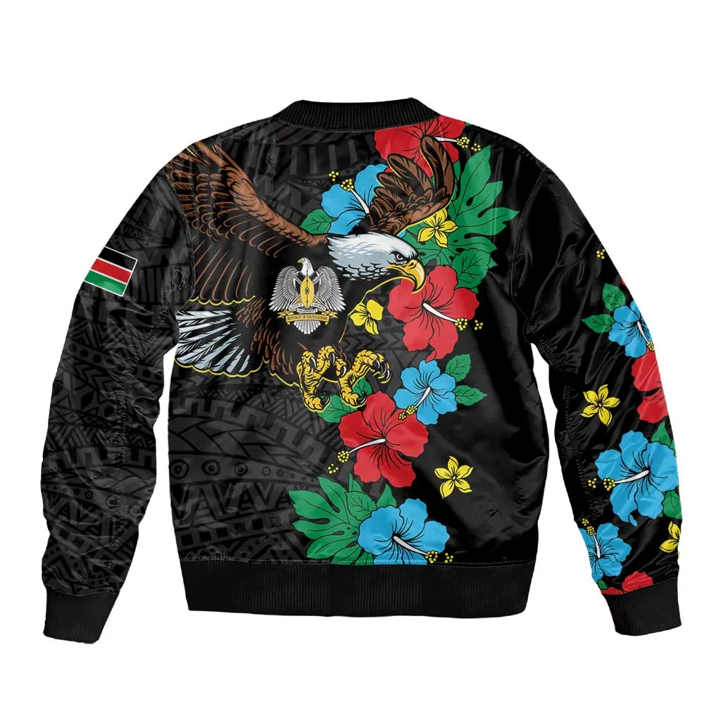South Sudan Sleeve Zip Bomber Jacket African Pattern Hibiscus Floral LT01