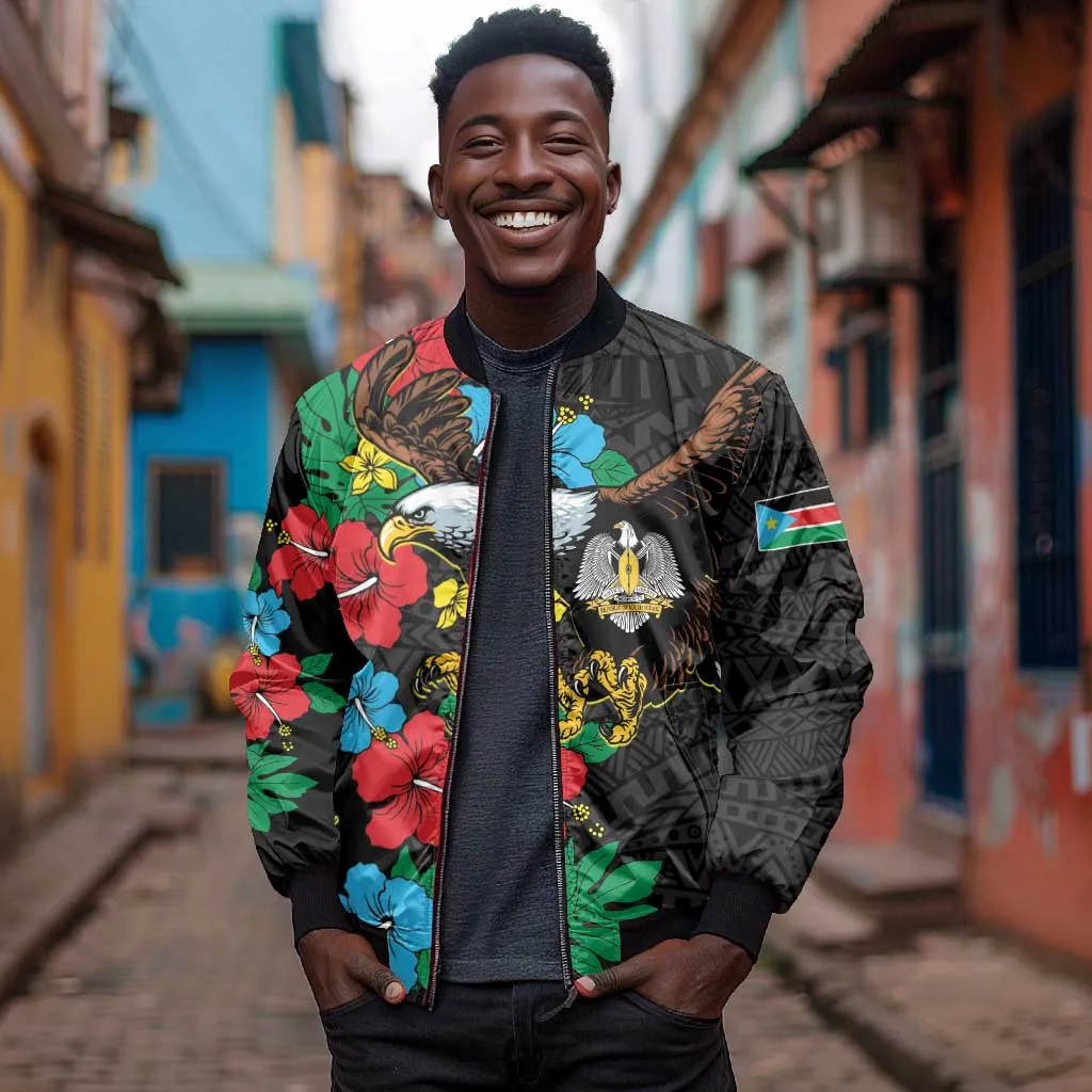 South Sudan Sleeve Zip Bomber Jacket African Pattern Hibiscus Floral LT01