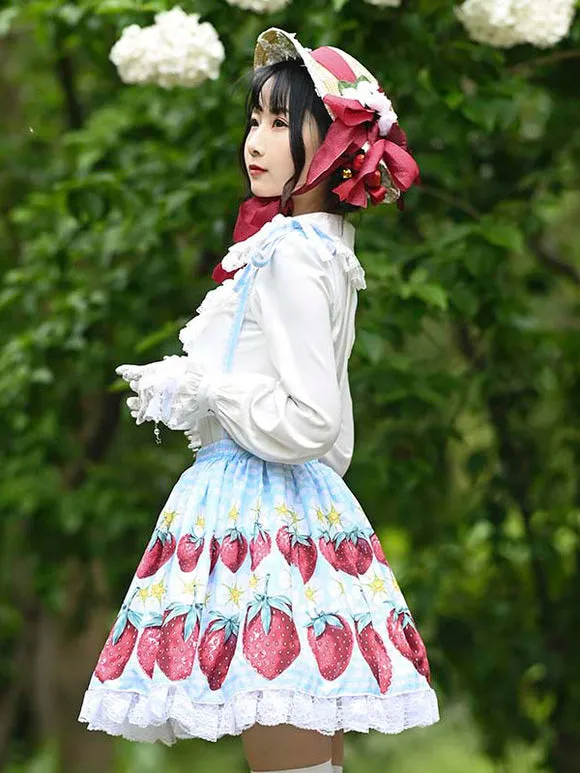 Sweet Lolita Overskirt Strawberry Pattern Light Sky Blue Lace Lolita Skirts