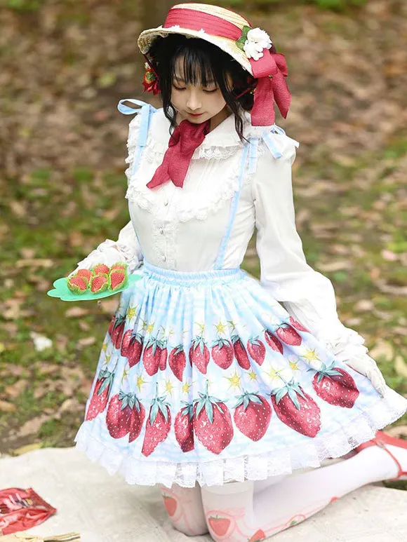 Sweet Lolita Overskirt Strawberry Pattern Light Sky Blue Lace Lolita Skirts