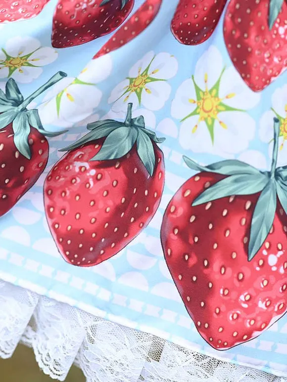 Sweet Lolita Overskirt Strawberry Pattern Light Sky Blue Lace Lolita Skirts