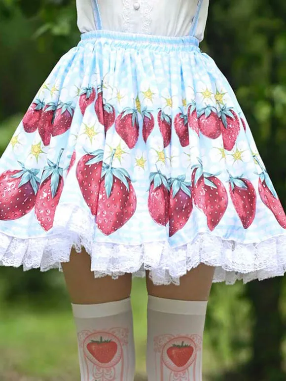 Sweet Lolita Overskirt Strawberry Pattern Light Sky Blue Lace Lolita Skirts
