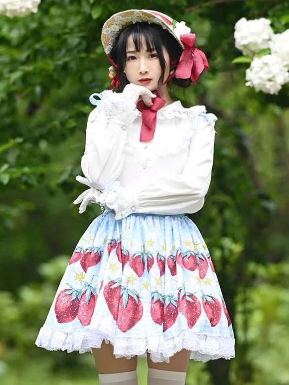 Sweet Lolita Overskirt Strawberry Pattern Light Sky Blue Lace Lolita Skirts