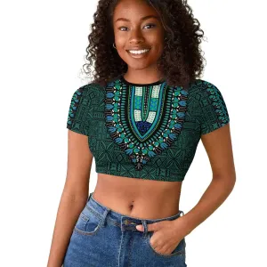 Teal Dashiki and Tapa Pattern Raglan Cropped T shirt Africa-Polynesia Together Culture LT9
