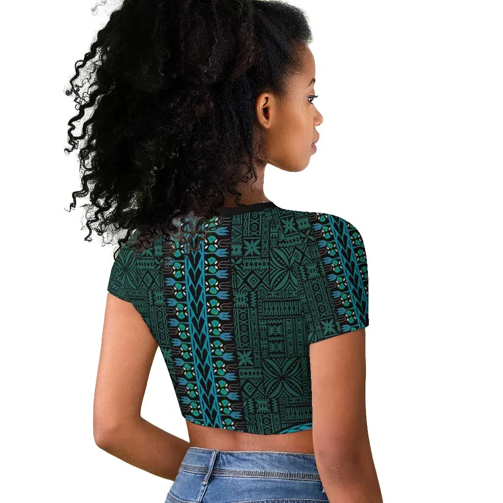 Teal Dashiki and Tapa Pattern Raglan Cropped T shirt Africa-Polynesia Together Culture LT9
