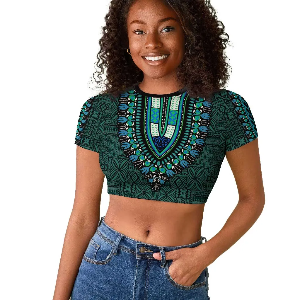 Teal Dashiki and Tapa Pattern Raglan Cropped T shirt Africa-Polynesia Together Culture LT9