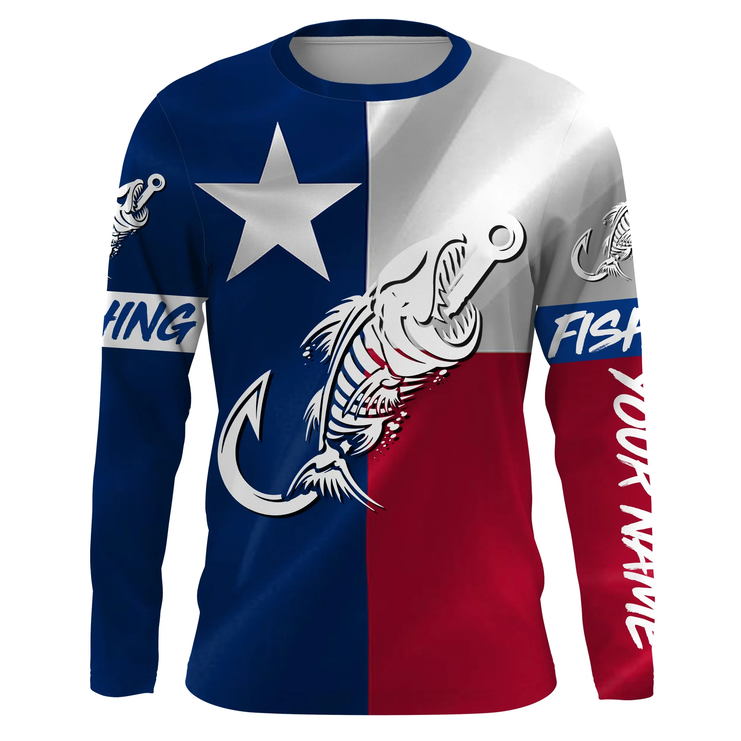 Texas flag fishing Fish hook fish skull Custom fishing Long sleeve, Long Sleeve Hooded NPQ774