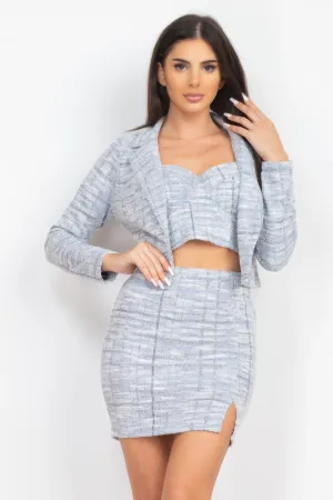 Textured Crop Top With Jacket & Skirts Set
