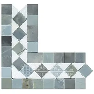 Thassos White Greek Marble BIAS Corner Border / Listello with Blue & Gray Dots, Polished