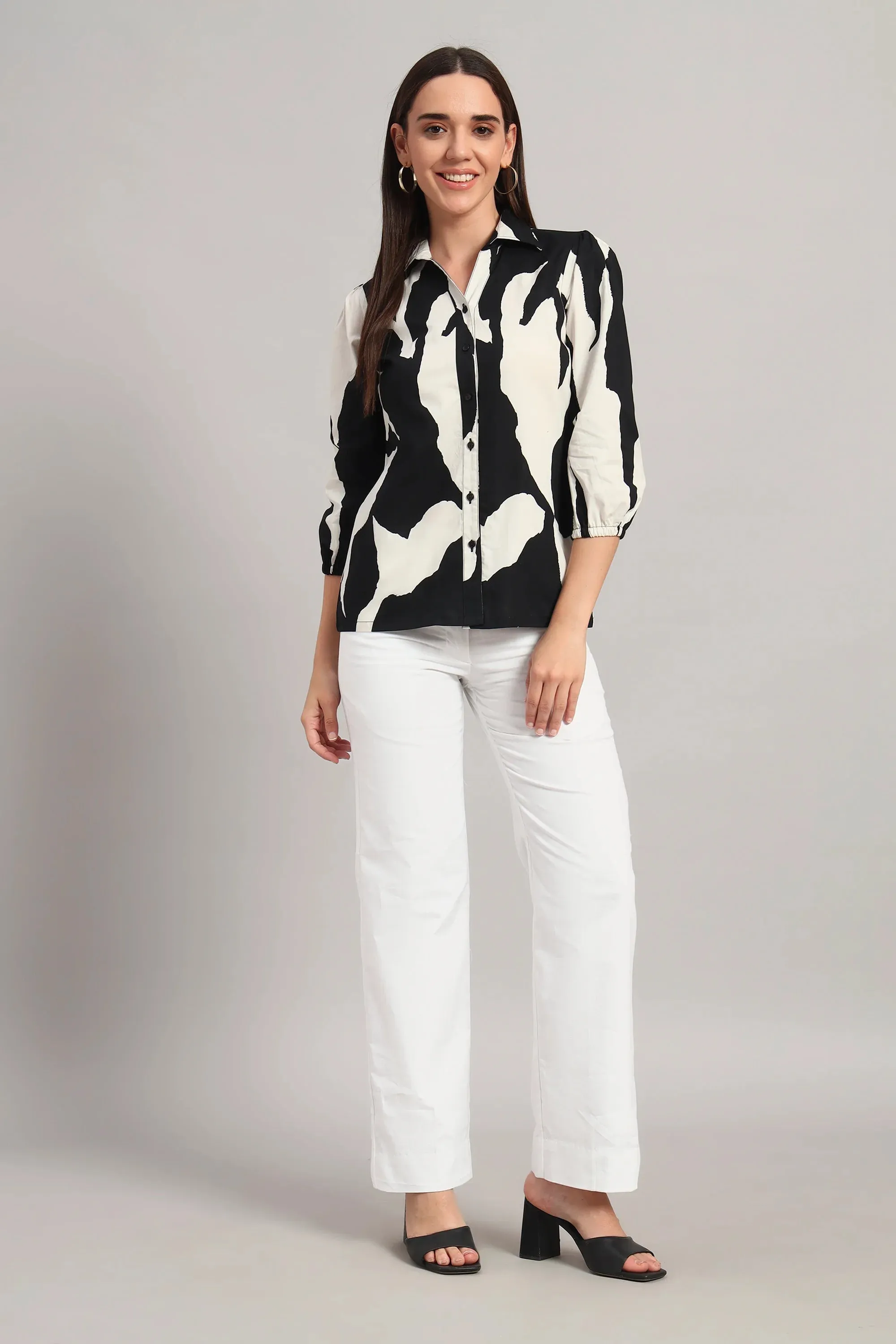 The All-Day Shirt Collar Top, Monochrome Print