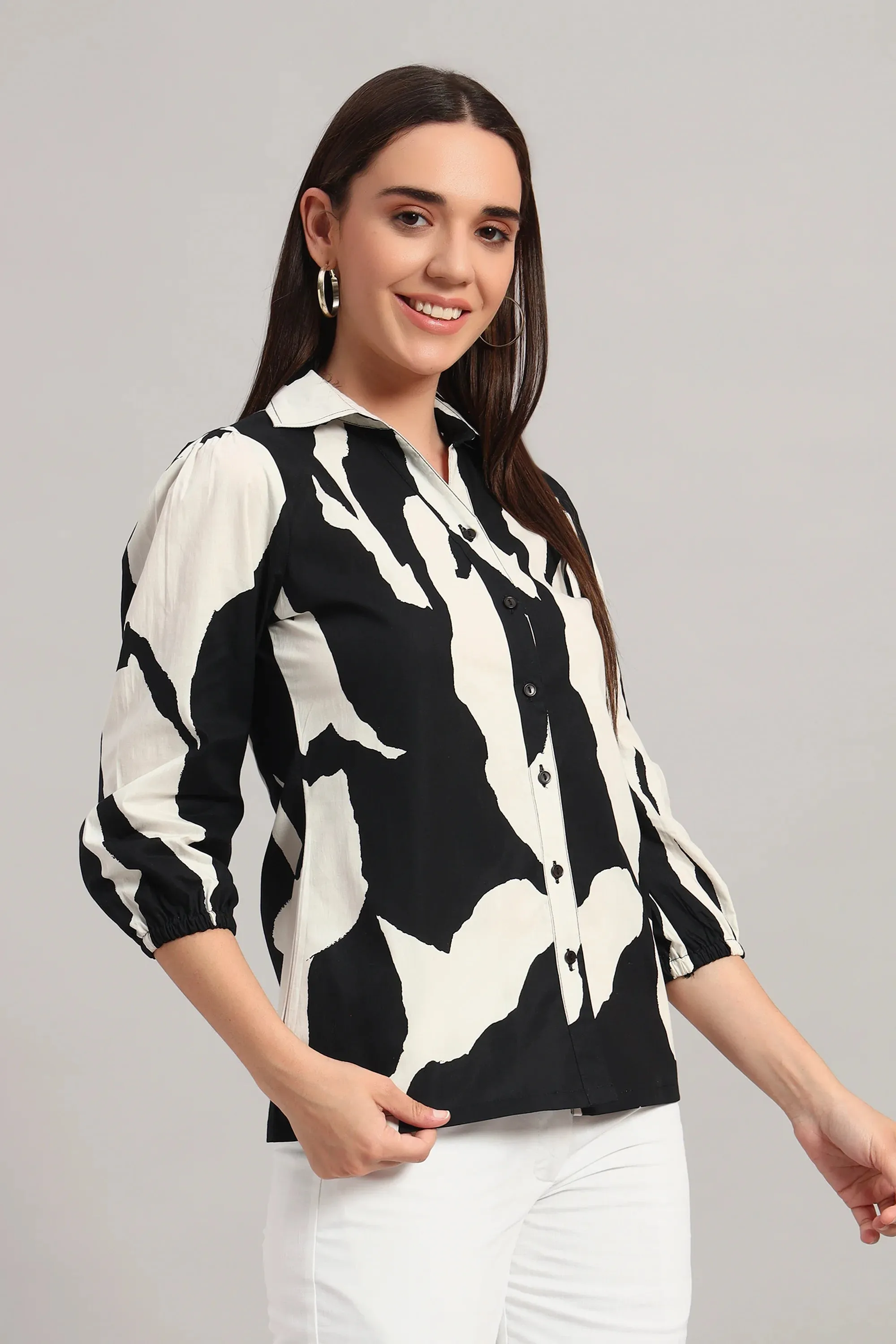 The All-Day Shirt Collar Top, Monochrome Print