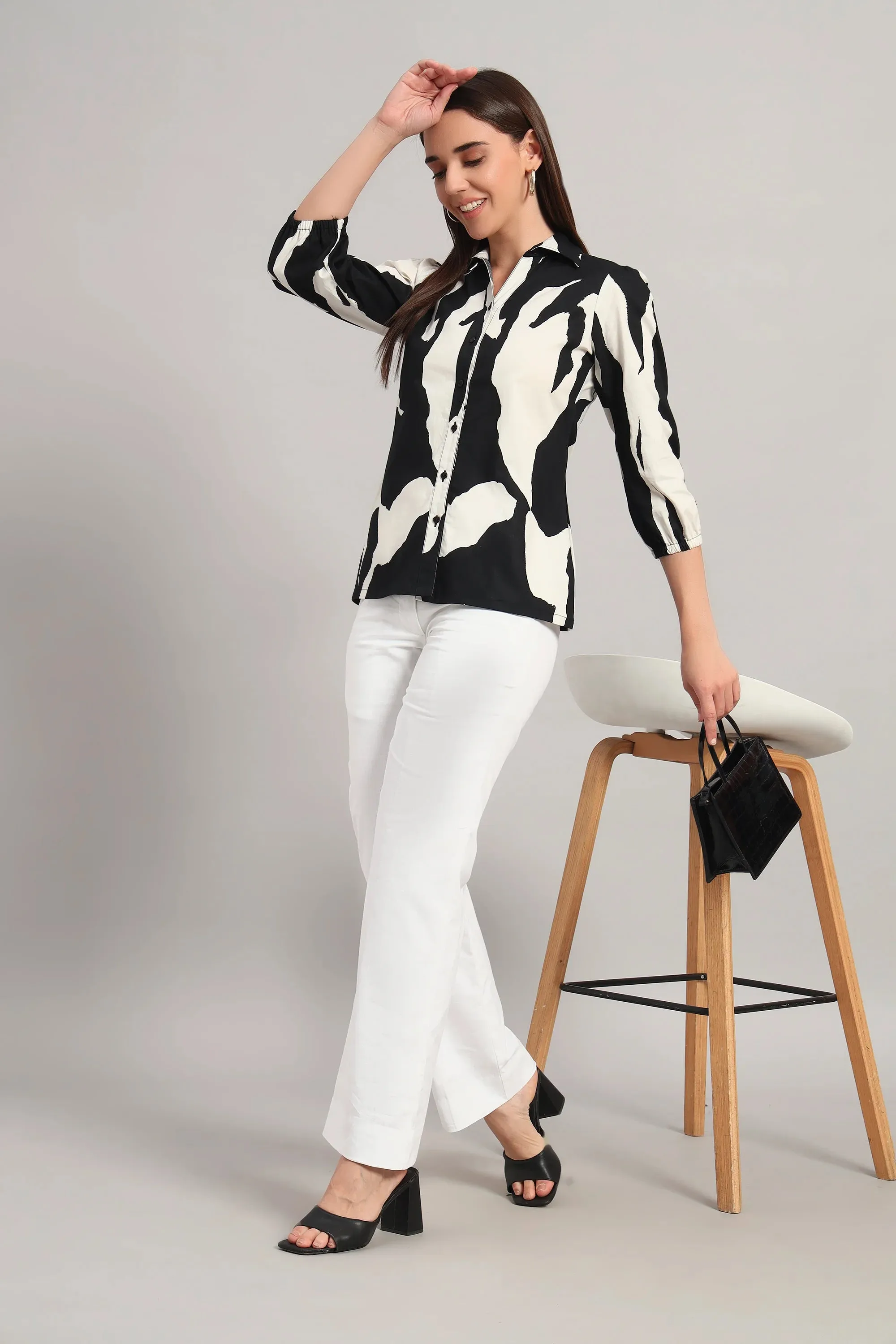 The All-Day Shirt Collar Top, Monochrome Print