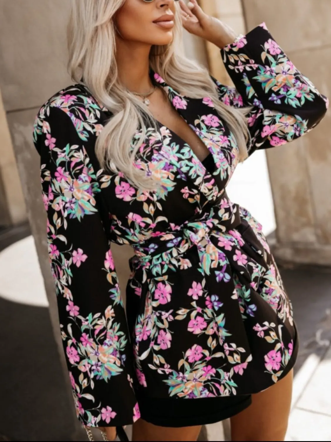 Tied Printed Collared Neck Long Sleeve Jacket S-2XL