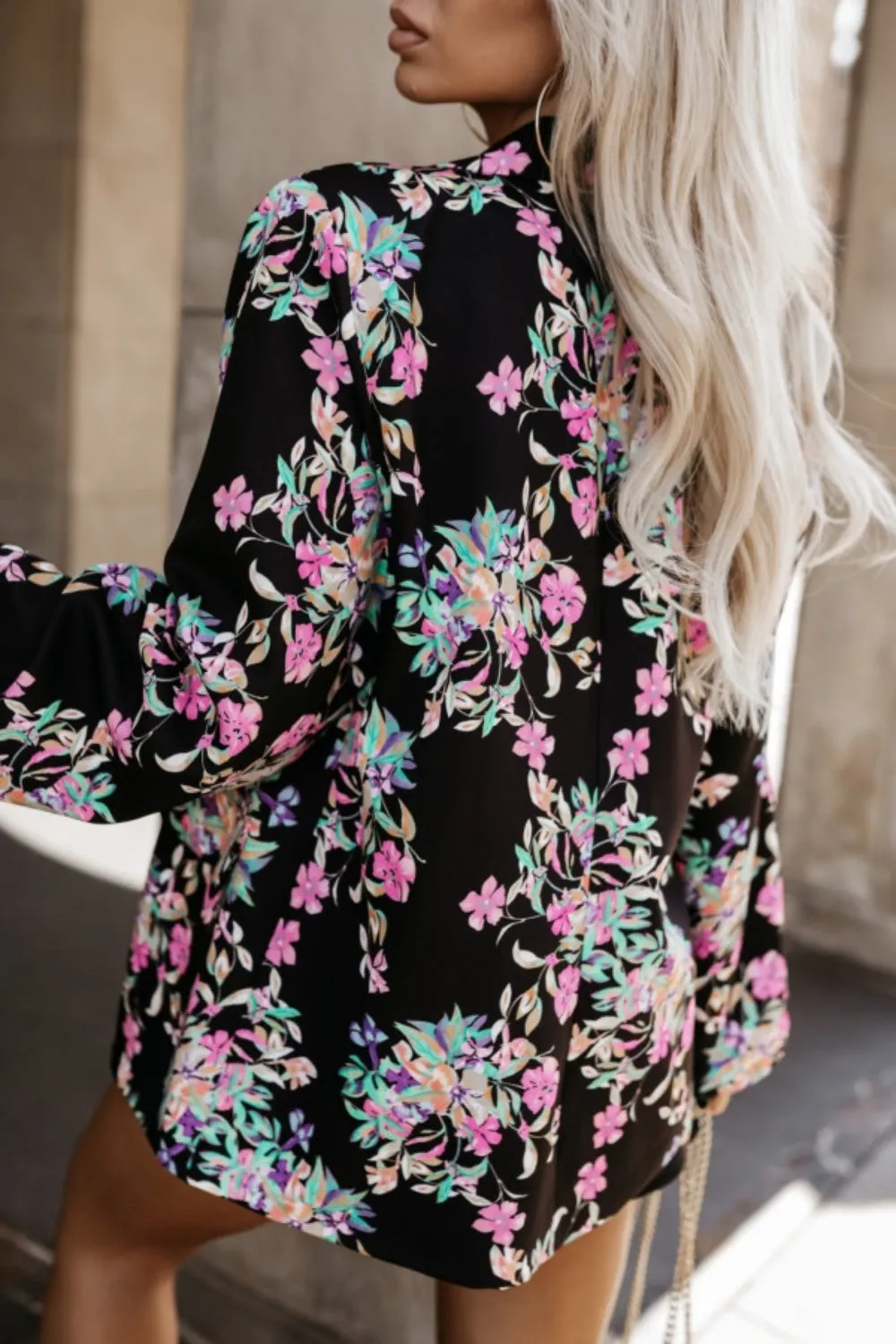 Tied Printed Collared Neck Long Sleeve Jacket S-2XL