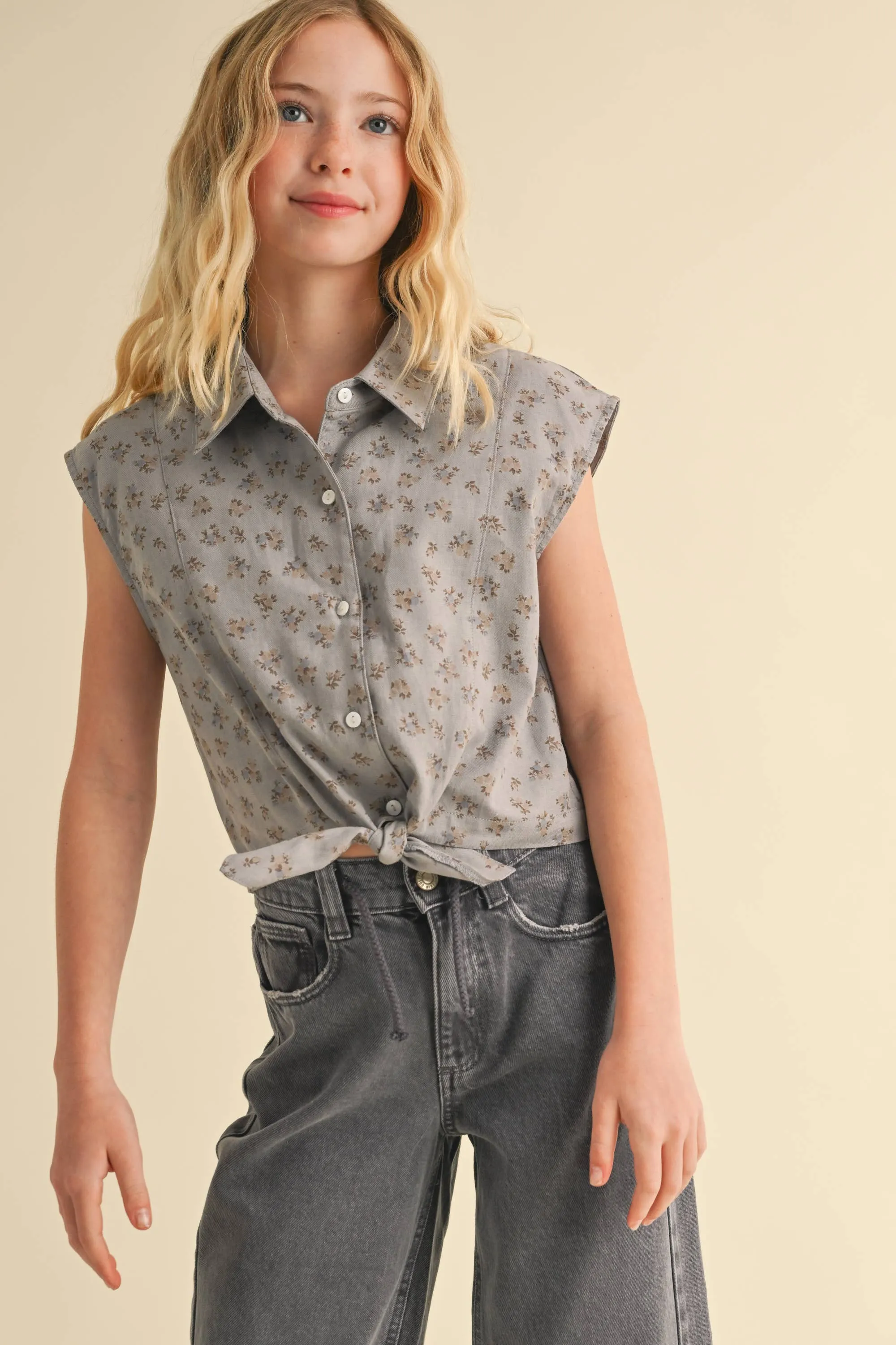 TWEEN GIRLS KIDS S/L BUTTON UP CROPPED SHIRT (7-14)