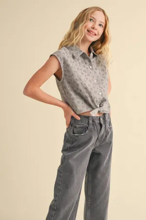 TWEEN GIRLS KIDS S/L BUTTON UP CROPPED SHIRT (7-14)