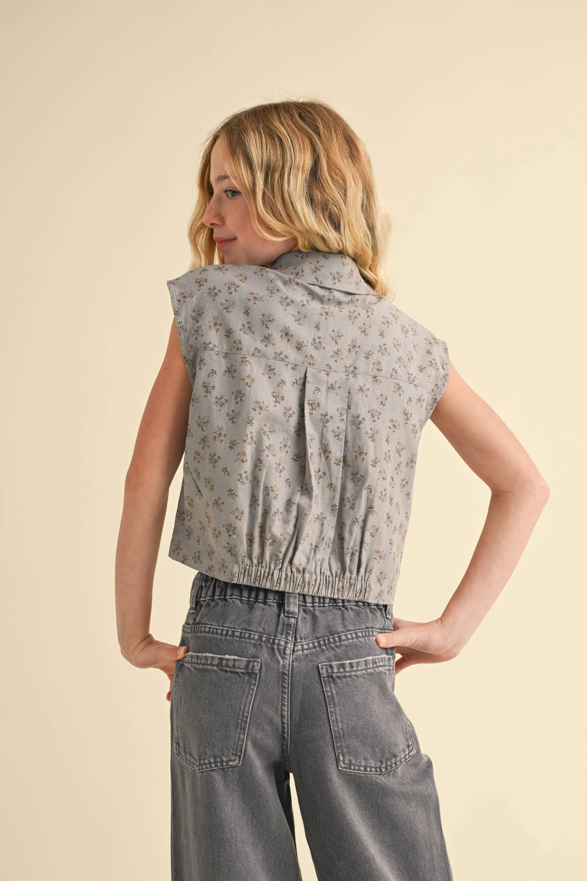 TWEEN GIRLS KIDS S/L BUTTON UP CROPPED SHIRT (7-14)